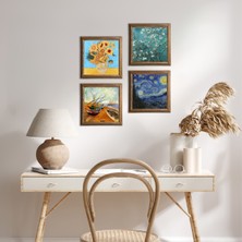 Pinecone Stone Van Gogh Ahşap Çerçeveli Taş Duvar Tablosu 4’lü Set – 25x25 cm Dekoratif Modern Sanat – Ev ve Ofis Dekoru |W4-71|