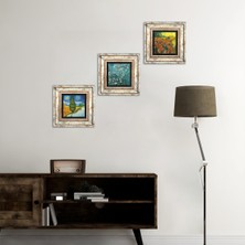 Pinecone Stone Van Gogh Selvili ve Yıldızlı Yol, Kırmızı Bağ, Badem Ağacı Çerçeveli Taş Duvar Tablosu 3’lü Set - Dekoratif Modern Sanat, Ev ve Ofis Dekoru |TK3-596|