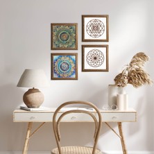 Pinecone Stone Mandala, Yaşam Çiçeği, Sri Yantra Ahşap Çerçeveli Taş Duvar Tablosu 4’lü Set – 25x25 cm Dekoratif Modern Sanat – Ev ve Ofis Dekoru |W4-713|