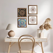 Pinecone Stone Mandala, Yaşam Çiçeği, Sri Yantra Ahşap Çerçeveli Taş Duvar Tablosu 4’lü Set – 25x25 cm Dekoratif Modern Sanat – Ev ve Ofis Dekoru |W4-714|