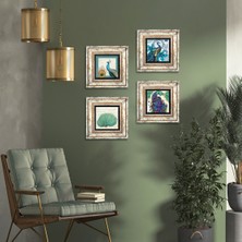 Pinecone Tavus Kuşu Taş Duvar Tablosu Çerçeveli Duvar Dekoru 4 Parça Tablo Seti Wall Art T4-80