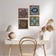 Pinecone Stone Hayat Ağacı, Nazar, Sri Yantra, Yaşam Çiçeği Ahşap Çerçeveli Taş Duvar Tablosu 4’lü Set – 25x25 cm Dekoratif Modern Sanat – Ev ve Ofis Dekoru |W4-721|