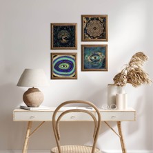 Pinecone Stone Nazar, Sri Yantra, Hayat Ağacı Ahşap Çerçeveli Taş Duvar Tablosu 4’lü Set – 25x25 cm Dekoratif Modern Sanat – Ev ve Ofis Dekoru |W4-725|