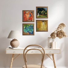 Pinecone Stone Picasso, Gustav Klimt, Claude Monet, Van Gogh Ahşap Çerçeveli Taş Duvar Tablosu 4’lü Set – 25x25 cm Dekoratif Modern Sanat – Ev ve Ofis Dekoru |W4-945|