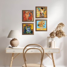 Pinecone Picasso, Van Gogh, Gustav Klimt Taş Duvar Tablosu Ahşap Çerçeveli Duvar Dekoru 4 Parça Tablo Seti Wall Art W4-952