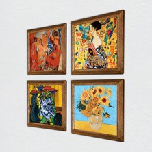 Pinecone Picasso, Van Gogh, Gustav Klimt Taş Duvar Tablosu Ahşap Çerçeveli Duvar Dekoru 4 Parça Tablo Seti Wall Art W4-952