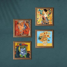 Pinecone Picasso, Van Gogh, Gustav Klimt Taş Duvar Tablosu Ahşap Çerçeveli Duvar Dekoru 4 Parça Tablo Seti Wall Art W4-952