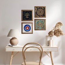 Pinecone Stone Nazar, Sri Yantra, Yaşam Çiçeği, Hayat Ağacı Ahşap Çerçeveli Taş Duvar Tablosu 4’lü Set – 25x25 cm Dekoratif Modern Sanat – Ev ve Ofis Dekoru |W4-730|