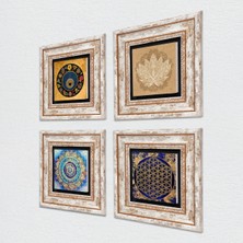 Pinecone Mandala, Lotus Çiçeği, Yaşam Çiçeği, Nazar Taş Duvar Tablosu Çerçeveli Duvar Dekoru 4 Parça Tablo Seti Wall Art T4-810
