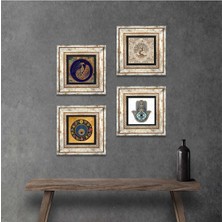 Pinecone Stone Tavus Kuşu, Nazar, Hayat Ağacı, Fatma Ana Eli (Hamsa) Çerçeveli Taş Duvar Tablosu 4’lü Set - Dekoratif Modern Sanat, Ev ve Ofis Dekoru |TK4-976|