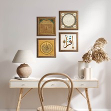 Pinecone Stone Nas Suresi, İlk Ayet 'Oku', Esma'ül Hüsna, Hilye-i Şerif Ahşap Çerçeveli Taş Duvar Tablosu 4’lü Set – 25x25 cm Dekoratif Modern Sanat – Ev ve Ofis Dekoru |W4-749|