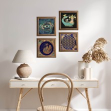 Pinecone Stone Nazar, Tavus Kuşu, Yaşam Çiçeği, Şahmeran Ahşap Çerçeveli Taş Duvar Tablosu 4’lü Set – 25x25 cm Dekoratif Modern Sanat – Ev ve Ofis Dekoru |W4-776|