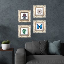 Pinecone Stone Kelebek, Yaprak, Yaşam Çiçeği, Fatma Ana Eli (Hamsa) Çerçeveli Taş Duvar Tablosu 4’lü Set - Dekoratif Modern Sanat, Ev ve Ofis Dekoru |TK4-115|