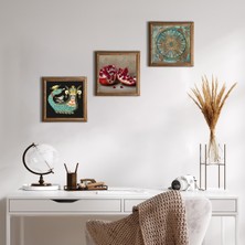 Pinecone Stone Yaşam Çiçeği, Şahmeran, Nar Ahşap Çerçeveli Taş Duvar Tablosu 3’lü Set – 25x25 cm Dekoratif Modern Sanat – Ev ve Ofis Dekoru |W3-1001|