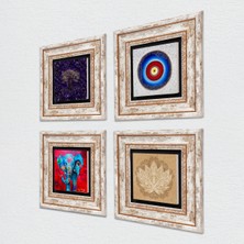 Pinecone Nazar, Hayat Ağacı, Fil, Lotus Çiçeği Taş Duvar Tablosu Çerçeveli Duvar Dekoru 4 Parça Tablo Seti Wall Art T4-1156