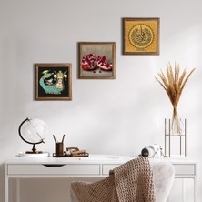 Pinecone Stone Felak Suresi, Şahmeran, Nar Ahşap Çerçeveli Taş Duvar Tablosu 3’lü Set – 25x25 cm Dekoratif Modern Sanat – Ev ve Ofis Dekoru |W3-1021|