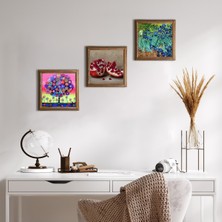 Pinecone Stone Van Gogh İrisler, Karla Gerard Hayat Ağacı, Nar Ahşap Çerçeveli Taş Duvar Tablosu 3’lü Set – 25x25 cm Dekoratif Modern Sanat – Ev ve Ofis Dekoru |W3-1045|