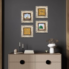 Pinecone Stone Fatiha Suresi, Bismillah, Ravza-i Mutahhara Çerçeveli Taş Duvar Tablosu 4’lü Set - Dekoratif Modern Sanat, Ev ve Ofis Dekoru |TK4-1346|