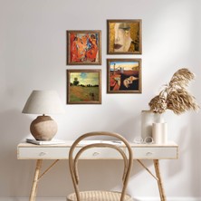 Pinecone Stone Salvador Dalí, Picasso, Claude Monet, Gustav Klimt Ahşap Çerçeveli Taş Duvar Tablosu 4’lü Set – 25x25 cm Dekoratif Modern Sanat – Ev ve Ofis Dekoru |W4-950|