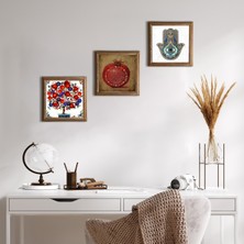 Pinecone Stone Bereket Duası, Nar Ağacı, Fatma Ana Eli (Hamsa) Ahşap Çerçeveli Taş Duvar Tablosu 3’lü Set – 25x25 cm Dekoratif Modern Sanat – Ev ve Ofis Dekoru |W3-121|