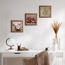 Pinecone Mozaik Serisi, Kelebekli Çiçek, Nar Taş Duvar Tablosu Ahşap Çerçeveli Duvar Dekoru 3 Parça Tablo Seti Wall Art W3-1220