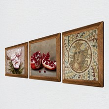 Pinecone Mozaik Serisi, Kelebekli Çiçek, Nar Taş Duvar Tablosu Ahşap Çerçeveli Duvar Dekoru 3 Parça Tablo Seti Wall Art W3-1220