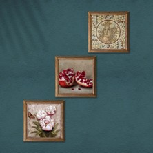 Pinecone Mozaik Serisi, Kelebekli Çiçek, Nar Taş Duvar Tablosu Ahşap Çerçeveli Duvar Dekoru 3 Parça Tablo Seti Wall Art W3-1220