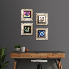 Pinecone Stone Nazar, Hayat Ağacı, Şahmeran Çerçeveli Taş Duvar Tablosu 4’lü Set - Dekoratif Modern Sanat, Ev ve Ofis Dekoru |TK4-1507|