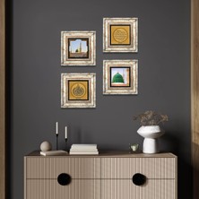 Pinecone Ayet-el Kürsi, Fatiha Suresi, Ravza-i Mutahhara Taş Duvar Tablosu Çerçeveli Duvar Dekoru 4 Parça Tablo Seti Wall Art T4-1345