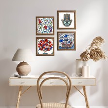 Pinecone Stone Çini Sanatı Yelkenli Gemi, Lale, Nar Ağacı, Fatma Ana Eli (Hamsa) Ahşap Çerçeveli Taş Duvar Tablosu 4’lü Set – 25x25 cm Dekoratif Modern Sanat – Ev ve Ofis Dekoru |W4-960|