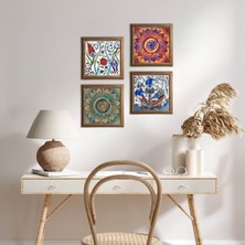 Pinecone Stone Mandala, Lale, Çini Sanatı Yelkenli Gemi Ahşap Çerçeveli Taş Duvar Tablosu 4’lü Set – 25x25 cm Dekoratif Modern Sanat – Ev ve Ofis Dekoru |W4-962|