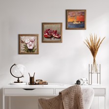 Pinecone Stone İstanbul Kız Kulesi, Kelebekli Çiçek, Nar Ahşap Çerçeveli Taş Duvar Tablosu 3’lü Set – 25x25 cm Dekoratif Modern Sanat – Ev ve Ofis Dekoru |W3-1222|