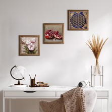 Pinecone Stone Yaşam Çiçeği, Kelebekli Çiçek, Nar Ahşap Çerçeveli Taş Duvar Tablosu 3’lü Set – 25x25 cm Dekoratif Modern Sanat – Ev ve Ofis Dekoru |W3-1239|