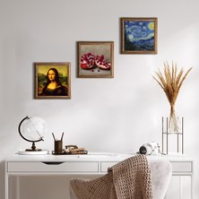 Pinecone Van Gogh Yıldızlı Gece, Leonardo da Vinci Mona Lisa, Nar Taş Duvar Tablosu Ahşap Çerçeveli Duvar Dekoru 3 Parça Tablo Seti Wall Art W3-1410