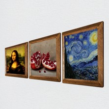 Pinecone Van Gogh Yıldızlı Gece, Leonardo da Vinci Mona Lisa, Nar Taş Duvar Tablosu Ahşap Çerçeveli Duvar Dekoru 3 Parça Tablo Seti Wall Art W3-1410