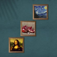 Pinecone Van Gogh Yıldızlı Gece, Leonardo da Vinci Mona Lisa, Nar Taş Duvar Tablosu Ahşap Çerçeveli Duvar Dekoru 3 Parça Tablo Seti Wall Art W3-1410