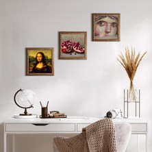 Pinecone Stone Çingene Kızı Mozaiği, Leonardo da Vinci Mona Lisa, Nar Ahşap Çerçeveli Taş Duvar Tablosu 3’lü Set – 25x25 cm Dekoratif Modern Sanat – Ev ve Ofis Dekoru |W3-1412|