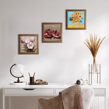 Pinecone Stone Van Gogh On İki Ayçiçekli Vazo, Kelebekli Çiçek, Nar Ahşap Çerçeveli Taş Duvar Tablosu 3’lü Set – 25x25 cm Dekoratif Modern Sanat – Ev ve Ofis Dekoru |W3-1269|
