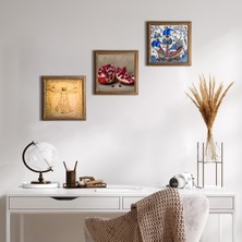 Pinecone Stone Çini Sanatı Yelkenli Gemi, Da Vinci Vitruvius Adamı, Nar Ahşap Çerçeveli Taş Duvar Tablosu 3’lü Set – 25x25 cm Dekoratif Modern Sanat – Ev ve Ofis Dekoru |W3-1372|