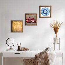 Pinecone Stone Nazar, Leonardo da Vinci Vitruvius Adamı, Nar Ahşap Çerçeveli Taş Duvar Tablosu 3’lü Set – 25x25 cm Dekoratif Modern Sanat – Ev ve Ofis Dekoru |W3-1390|