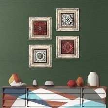 Pinecone Stone Desen, Çini Sanatı Çerçeveli Taş Duvar Tablosu 4’lü Set - Dekoratif Modern Sanat, Ev ve Ofis Dekoru |TK4-1477|