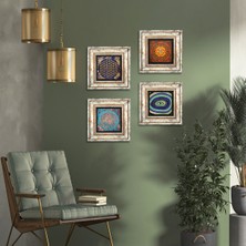 Pinecone Stone Nazar, Yaşam Çiçeği, Sri Yantra Çerçeveli Taş Duvar Tablosu 4’lü Set - Dekoratif Modern Sanat, Ev ve Ofis Dekoru |TK4-148|