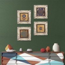 Pinecone Stone Nazar, Yaşam Çiçeği Çerçeveli Taş Duvar Tablosu 4’lü Set - Dekoratif Modern Sanat, Ev ve Ofis Dekoru |TK4-1489|