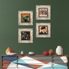 Pinecone Stone Van Gogh, Leonardo da Vinci, Çığlık, Yerli Kadınlar Çerçeveli Taş Duvar Tablosu 4’lü Set - Dekoratif Modern Sanat, Ev ve Ofis Dekoru |TK4-1697|