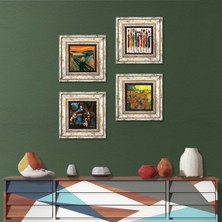 Pinecone Stone Van Gogh, Leonardo da Vinci, Çığlık, Yerli Kadınlar Çerçeveli Taş Duvar Tablosu 4’lü Set - Dekoratif Modern Sanat, Ev ve Ofis Dekoru |TK4-1700|