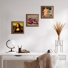 Pinecone Stone İki Müzisyen Kız Tablosu, Leonardo da Vinci Mona Lisa, Nar Ahşap Çerçeveli Taş Duvar Tablosu 3’lü Set – 25x25 cm Dekoratif Modern Sanat – Ev ve Ofis Dekoru |W3-1402|