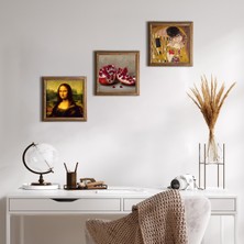 Pinecone Stone Gustav Klimt Öpücük, Leonardo da Vinci Mona Lisa, Nar Ahşap Çerçeveli Taş Duvar Tablosu 3’lü Set – 25x25 cm Dekoratif Modern Sanat – Ev ve Ofis Dekoru |W3-1406|