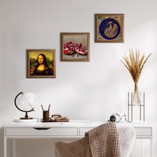 Pinecone Tavus Kuşu, Leonardo da Vinci Mona Lisa, Nar Taş Duvar Tablosu Ahşap Çerçeveli Duvar Dekoru 3 Parça Tablo Seti Wall Art W3-1428