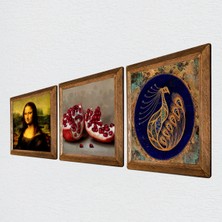 Pinecone Tavus Kuşu, Leonardo da Vinci Mona Lisa, Nar Taş Duvar Tablosu Ahşap Çerçeveli Duvar Dekoru 3 Parça Tablo Seti Wall Art W3-1428