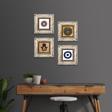 Pinecone Stone Fatma Ana Eli (Hamsa), Nazar Çerçeveli Taş Duvar Tablosu 4’lü Set - Dekoratif Modern Sanat, Ev ve Ofis Dekoru |TK4-1857|